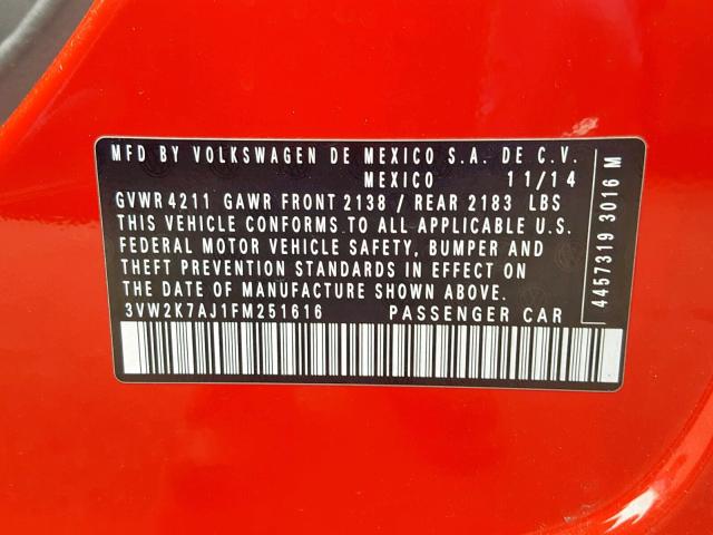 3VW2K7AJ1FM251616 - 2015 VOLKSWAGEN JETTA BASE RED photo 10