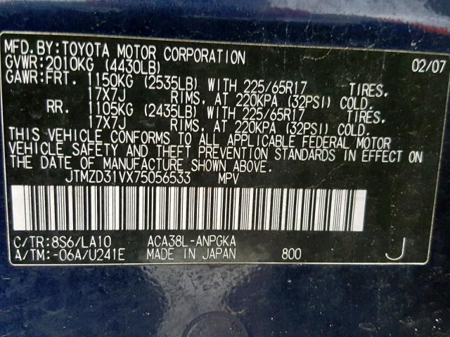 JTMZD31VX75056533 - 2007 TOYOTA RAV4 LIMIT BLUE photo 10