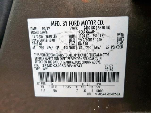 2FMDK3J98DBB19747 - 2013 FORD EDGE SEL BROWN photo 10