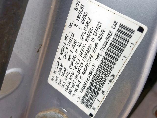 1HGCM56195A184517 - 2005 HONDA ACCORD DX GRAY photo 10