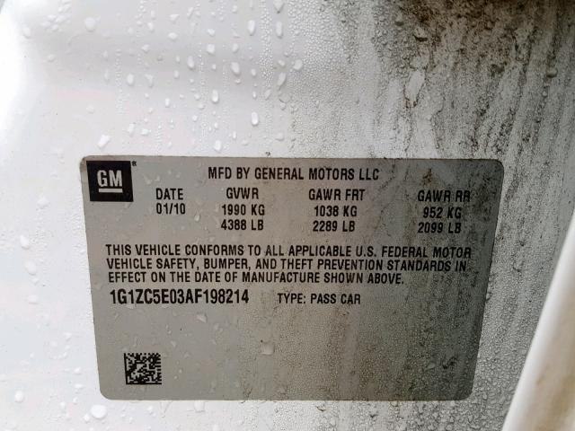 1G1ZC5E03AF198214 - 2010 CHEVROLET MALIBU 1LT WHITE photo 10