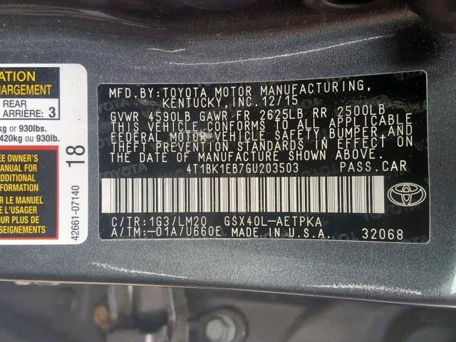 4T1BK1EB7GU203503 - 2016 TOYOTA AVALON XLE GRAY photo 10