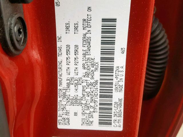 5TFGY5F1XEX167906 - 2014 TOYOTA TUNDRA CRE RED photo 10