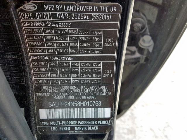 SALFP24N58H010763 - 2008 LAND ROVER LR2 SE BLACK photo 10