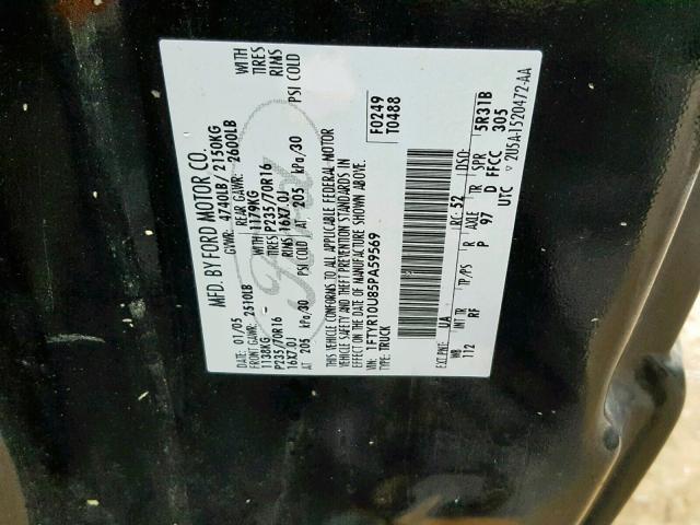 1FTYR10U85PA59569 - 2005 FORD RANGER BLACK photo 10