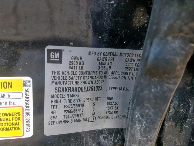 5GAKRAKD0EJ261023 - 2014 BUICK ENCLAVE BLACK photo 10