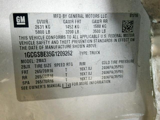 1GCGSBE35G1209262 - 2016 CHEVROLET COLORADO SILVER photo 10