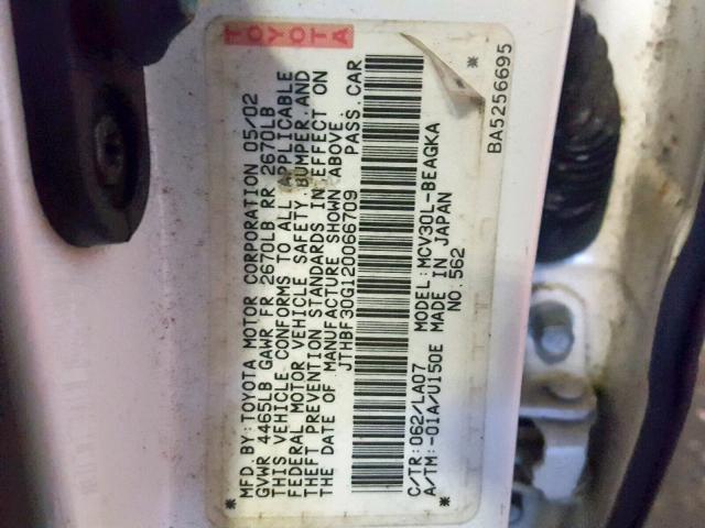 JTHBF30G120066709 - 2002 LEXUS ES 300 WHITE photo 10