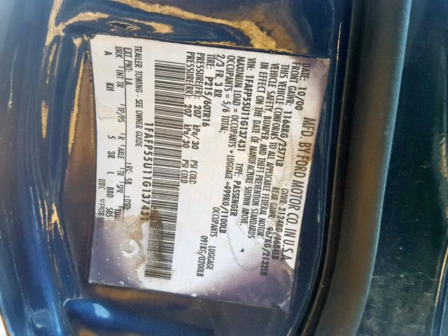 1FAFP55U11G137431 - 2001 FORD TAURUS SES BLUE photo 10