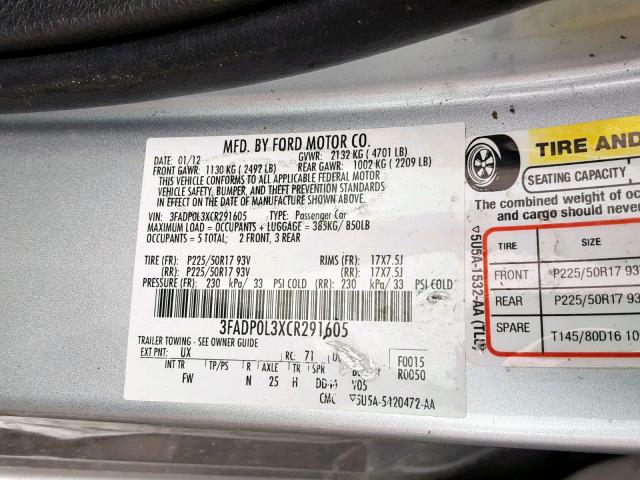 3FADP0L3XCR291605 - 2012 FORD FUSION HYB SILVER photo 10