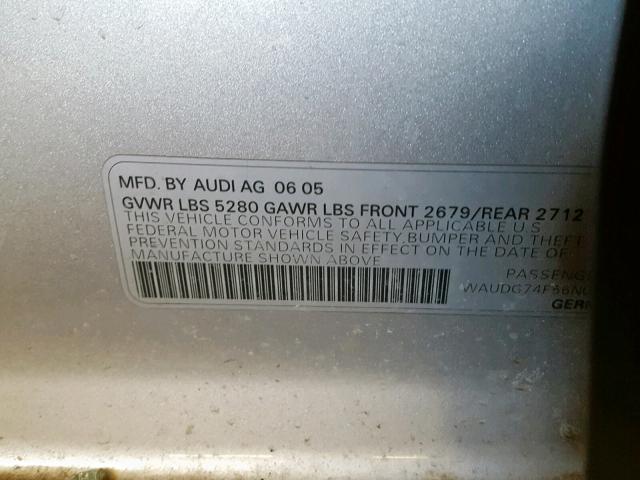 WAUDG74F56N035324 - 2006 AUDI A6 3.2 QUA SILVER photo 10