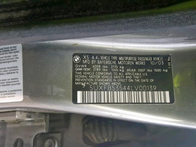 5UXFB53544LV00139 - 2004 BMW X5 4.4I GRAY photo 10