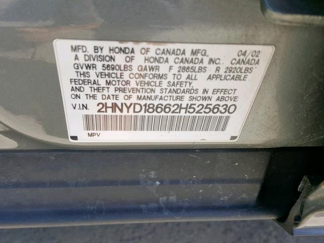 2HNYD18662H525630 - 2002 ACURA MDX TOURIN GRAY photo 10