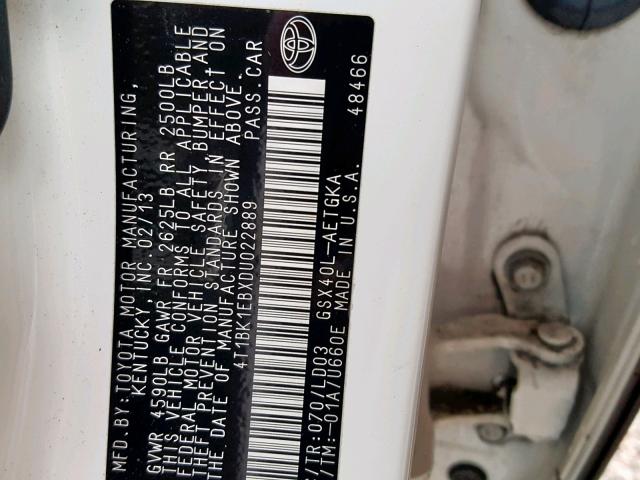 4T1BK1EBXDU022889 - 2013 TOYOTA AVALON BAS WHITE photo 10