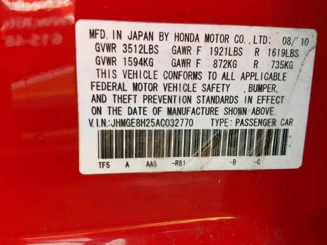 JHMGE8H25AC032770 - 2010 HONDA FIT RED photo 10