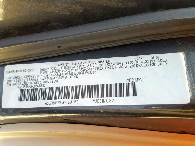 4S4BP86C084318351 - 2008 SUBARU OUTBACK 3. GRAY photo 10