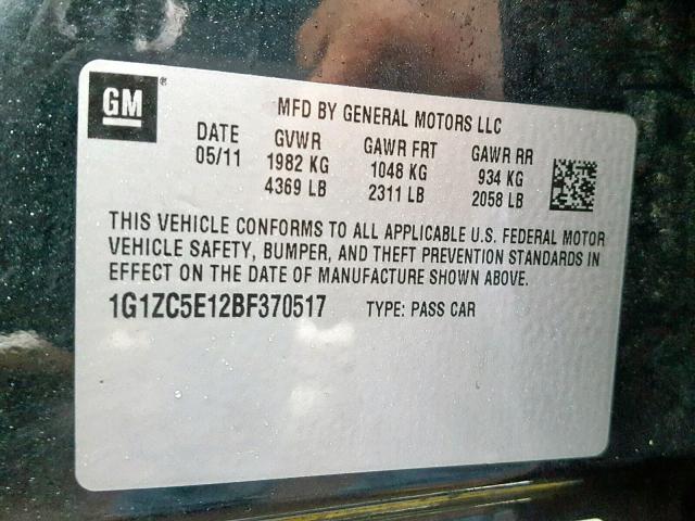 1G1ZC5E12BF370517 - 2011 CHEVROLET MALIBU 1LT შავი ფოტო 10