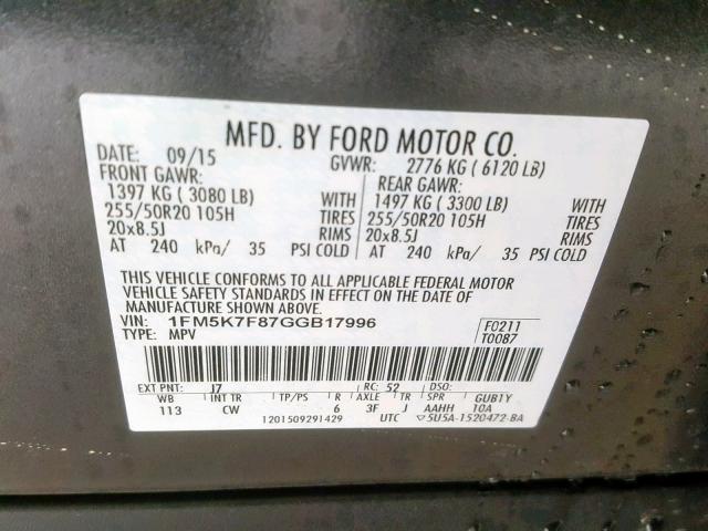 1FM5K7F87GGB17996 - 2016 FORD EXPLORER L CHARCOAL photo 10