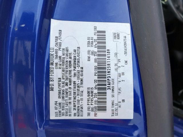 3FAFP31N25R114189 - 2005 FORD FOCUS ZX3 BLUE photo 10