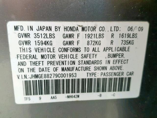 JHMGE88279C001953 - 2009 HONDA FIT SILVER photo 10