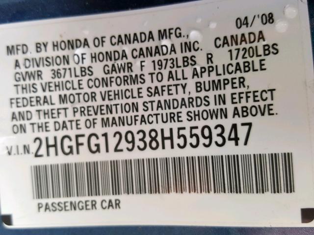 2HGFG12938H559347 - 2008 HONDA CIVIC EXL BLUE photo 10