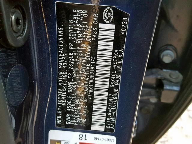 4T1BK1EB0FU191175 - 2015 TOYOTA AVALON XLE BLUE photo 10