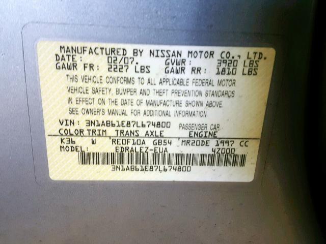 3N1AB61E87L674800 - 2007 NISSAN SENTRA 2.0 GRAY photo 10