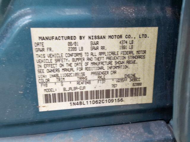 1N4BL11D62C109156 - 2002 NISSAN ALTIMA SE TEAL photo 10