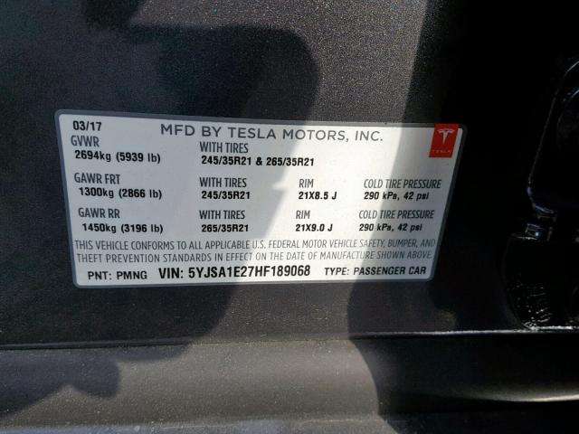 5YJSA1E27HF189068 - 2017 TESLA MODEL S Գրաֆիտ լուսանկար 10