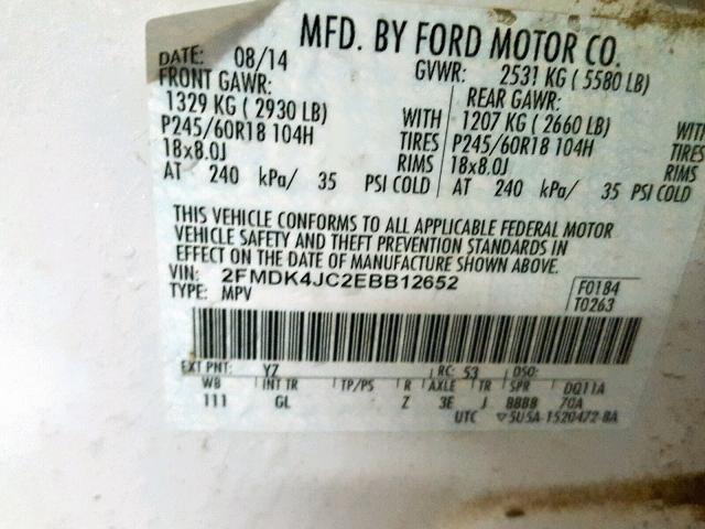 2FMDK4JC2EBB12652 - 2014 FORD EDGE SEL WHITE photo 10