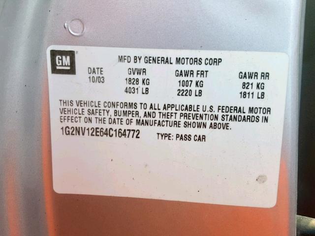 1G2NV12E64C164772 - 2004 PONTIAC GRAND AM G SILVER photo 10