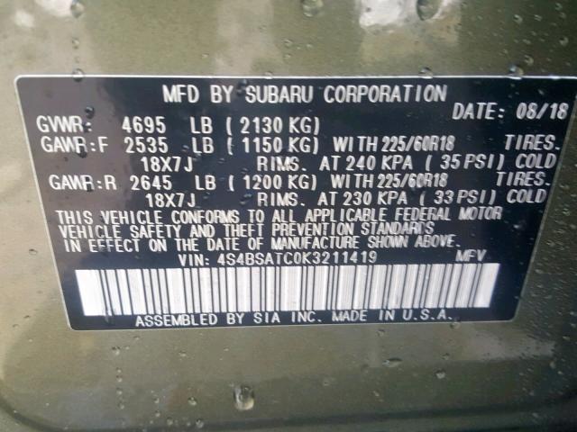 4S4BSATC0K3211419 - 2019 SUBARU OUTBACK TO GREEN photo 10