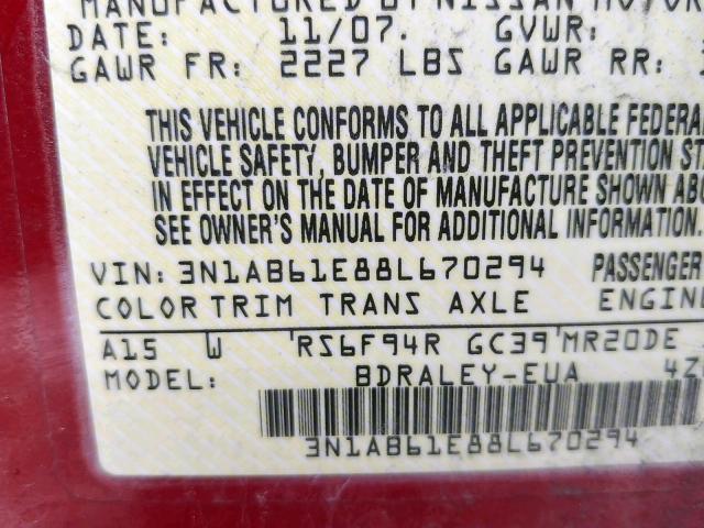 3N1AB61E88L670294 - 2008 NISSAN SENTRA 2.0 RED photo 10