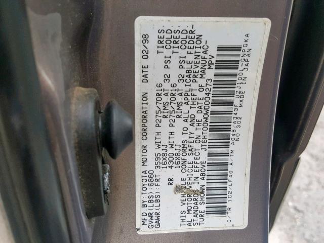 JT6HT00W0W0004273 - 1998 LEXUS LX 470 GRAY photo 10