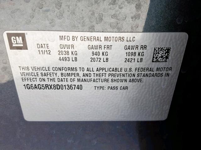 1G6AG5RX8D0136740 - 2013 CADILLAC ATS GRAY photo 10