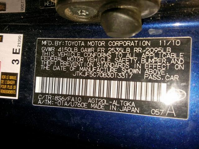 JTKJF5C70B3013317 - 2011 TOYOTA SCION TC ლურჯი ფოტო 10