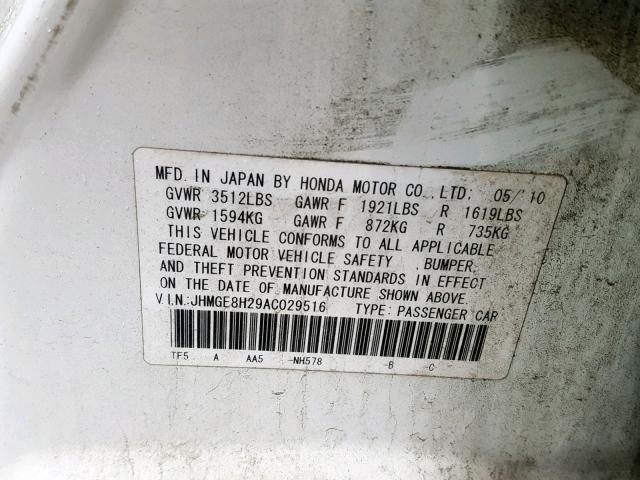 JHMGE8H29AC029516 - 2010 HONDA FIT WHITE photo 10