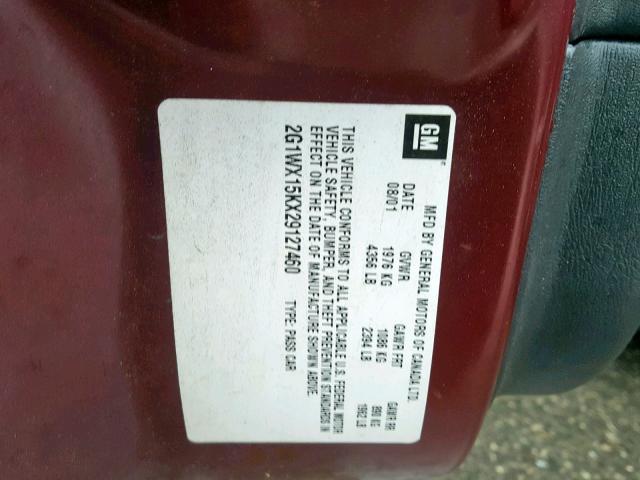 2G1WX15KX29127460 - 2002 CHEVROLET MONTE CARL ბურგუნდია ფოტო 10