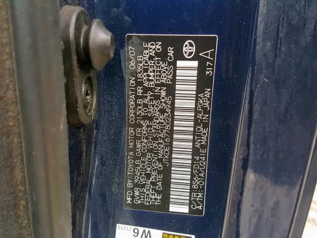 JTKDE167780234945 - 2008 TOYOTA SCION TC ლურჯი ფოტო 10