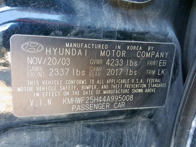 KMHWF25H44A995008 - 2004 HYUNDAI SONATA GL BLACK photo 10