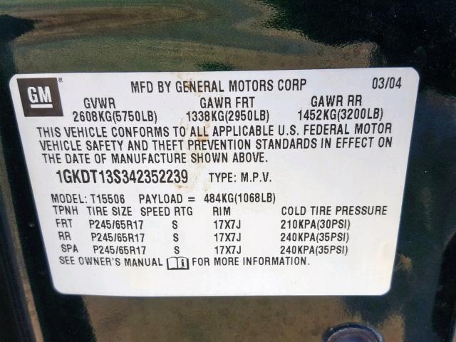 1GKDT13S342352239 - 2004 GMC ENVOY GREEN photo 10