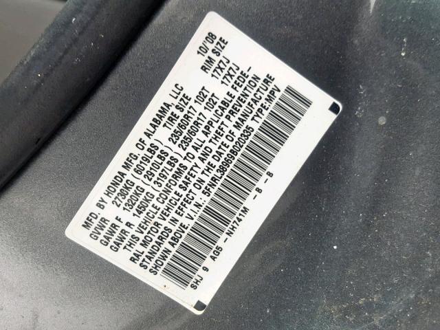 5FNRL38969B020335 - 2009 HONDA ODYSSEY TO GRAY photo 10