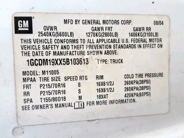 1GCDM19XX5B103613 - 2005 CHEVROLET ASTRO WHITE photo 10