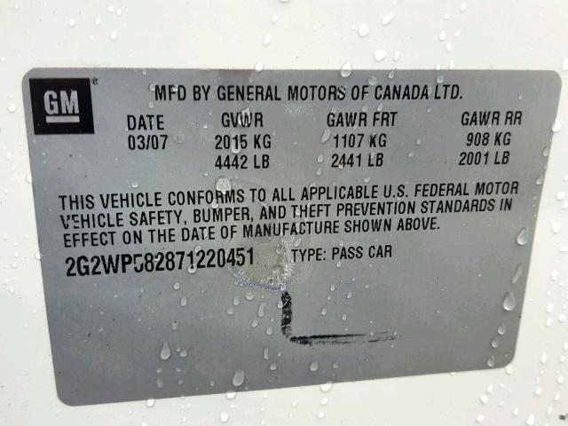 2G2WP582871220451 - 2007 PONTIAC GRAND PRIX WHITE photo 10