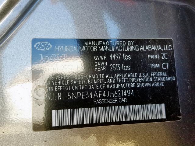 5NPE34AF4JH621494 - 2018 HYUNDAI SONATA SPO GRAY photo 10