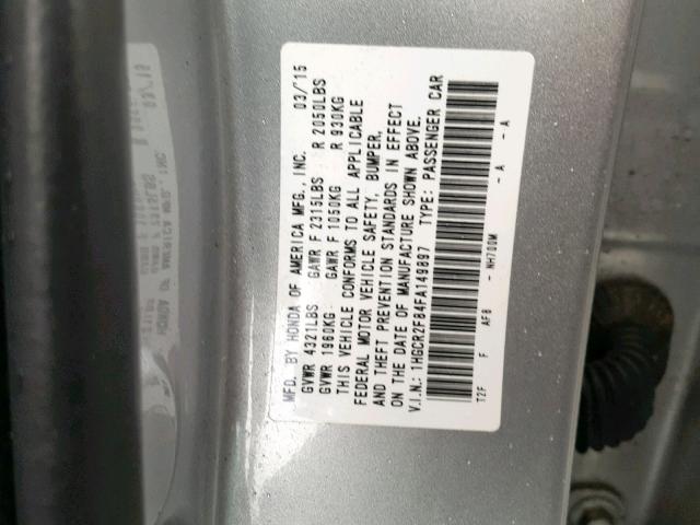 1HGCR2F84FA149897 - 2015 HONDA ACCORD EXL SILVER photo 10