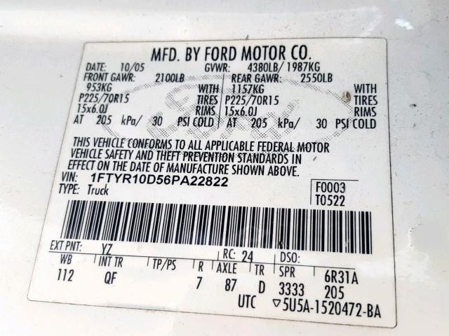 1FTYR10D56PA22822 - 2006 FORD RANGER WHITE photo 10