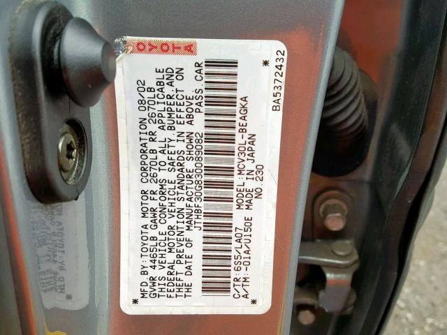 JTHBF30G830089082 - 2003 LEXUS ES 300 GRAY photo 10