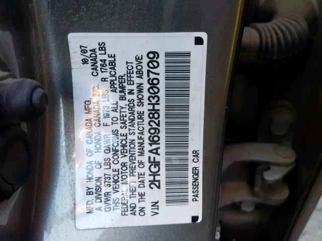 2HGFA16928H306709 - 2008 HONDA CIVIC EXL GRAY photo 10