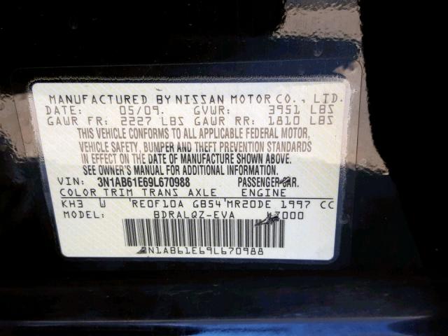 3N1AB61E69L670988 - 2009 NISSAN SENTRA 2.0 BLACK photo 10